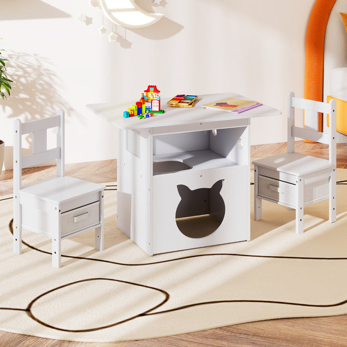 Kids Table and Chairs Set 3 Pieces Wooden Children Furniture with Cat House-