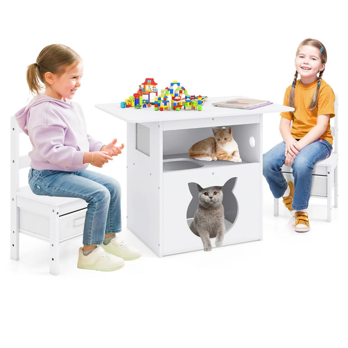 Kids Table and Chairs Set 3 Pieces Wooden Children Furniture with Cat House-