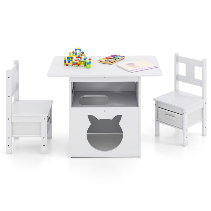 Kids Table and Chairs Set 3 Pieces Wooden Children Furniture with Cat House-
