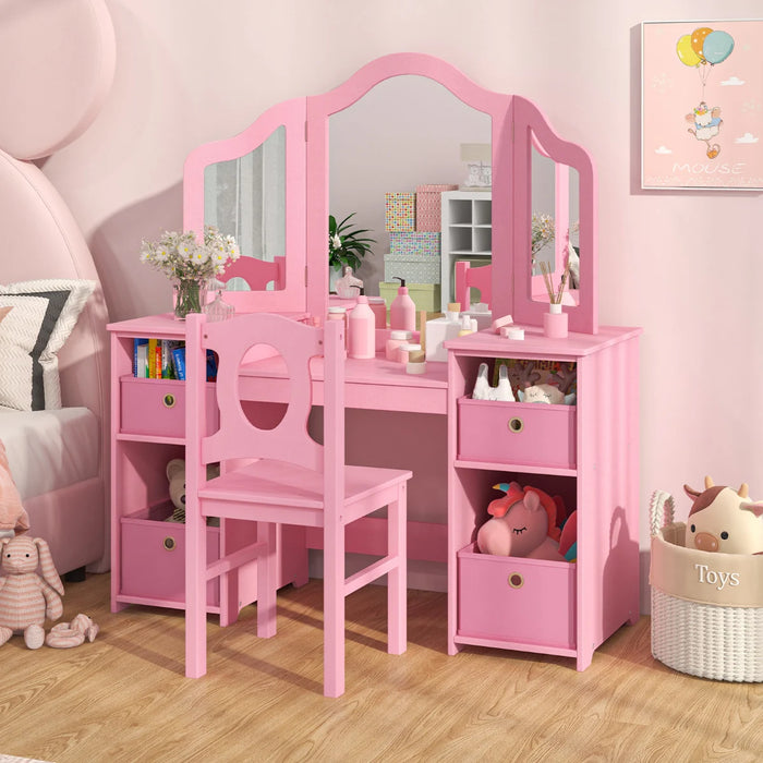 Kids Vanity Desk and Chair 2 in 1 Toddler Makeup Pretend Play Table-