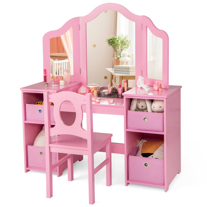 Kids Vanity Desk and Chair 2 in 1 Toddler Makeup Pretend Play Table-