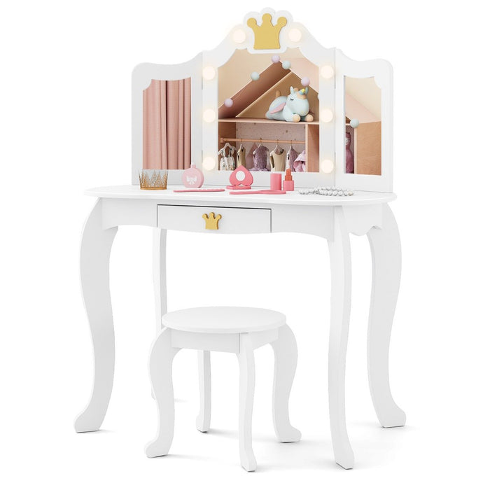 Kids Vanity Set with Lighted Mirror and Adjustable Brightness Pull-out Drawer and Stool-