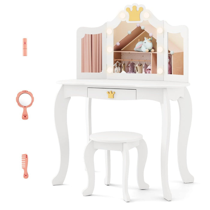 Kids Vanity Set with Lighted Mirror and Adjustable Brightness Pull-out Drawer and Stool-