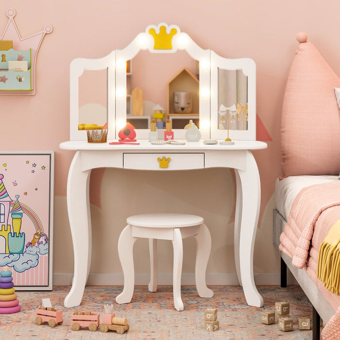 Kids Vanity Set with Lighted Mirror and Adjustable Brightness Pull-out Drawer and Stool-