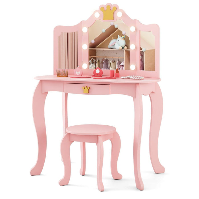 Kids Vanity Set with Lighted Mirror and Adjustable Brightness Pull-out Drawer and Stool-