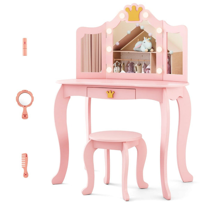 Kids Vanity Set with Lighted Mirror and Adjustable Brightness Pull-out Drawer and Stool-