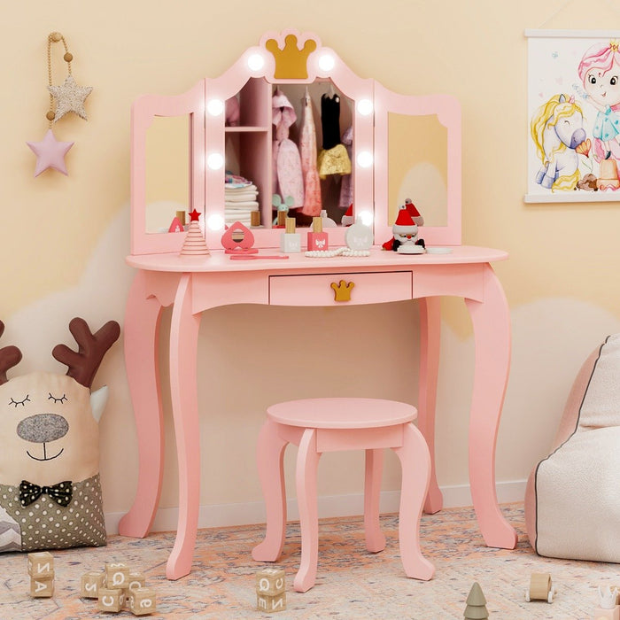 Kids Vanity Set with Lighted Mirror and Adjustable Brightness Pull-out Drawer and Stool-