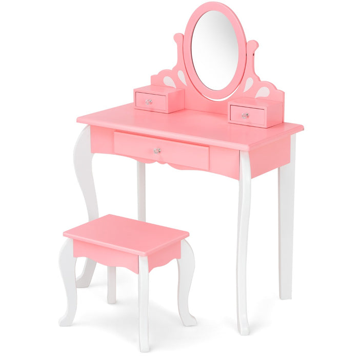 Kids Vanity Table and Chair Set with Detachable Rotatable Mirror-