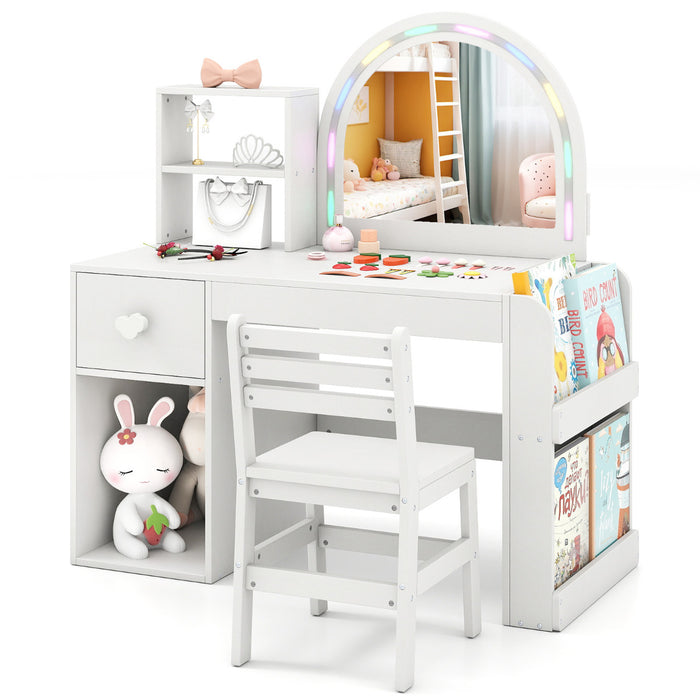 Kids Vanity Table and Chair Set with Lighted Mirror Open Storage Shelves-