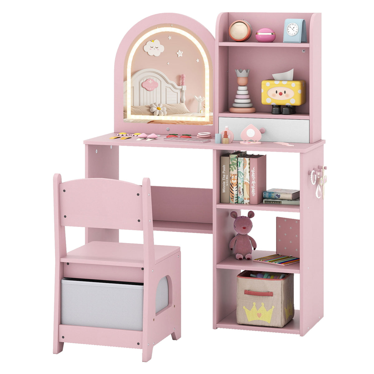 Kids Vanity Table and Chair Set with 3-color Lighted Mirror for 3+ Years Old-