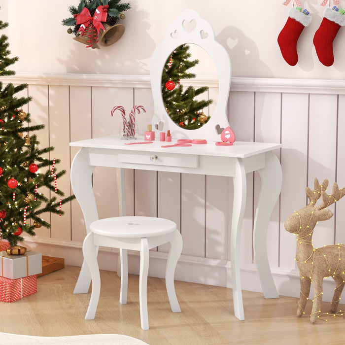 Kids Vanity Table and Stool with Removable Mirror and Drawer-