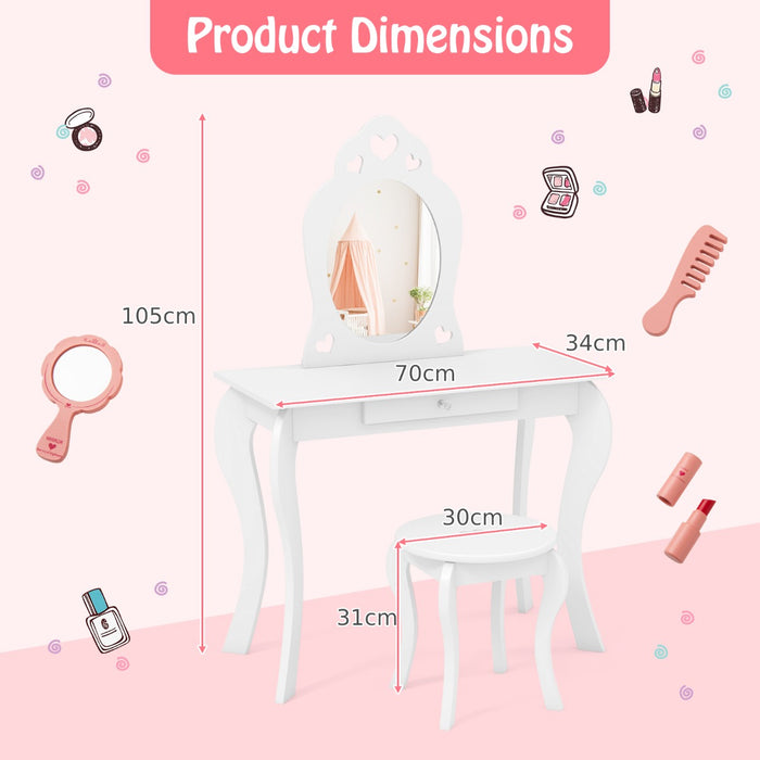 Kids Vanity Table and Stool with Removable Mirror and Drawer-