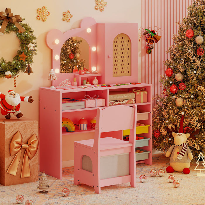 Kids Vanity with Lights Princess Vanity Table and Chair Set with 5 Drawers and 2 Compartments-White