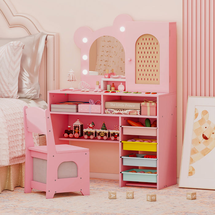 Kids Vanity with Lights Princess Vanity Table and Chair Set with 5 Drawers and 2 Compartments-White