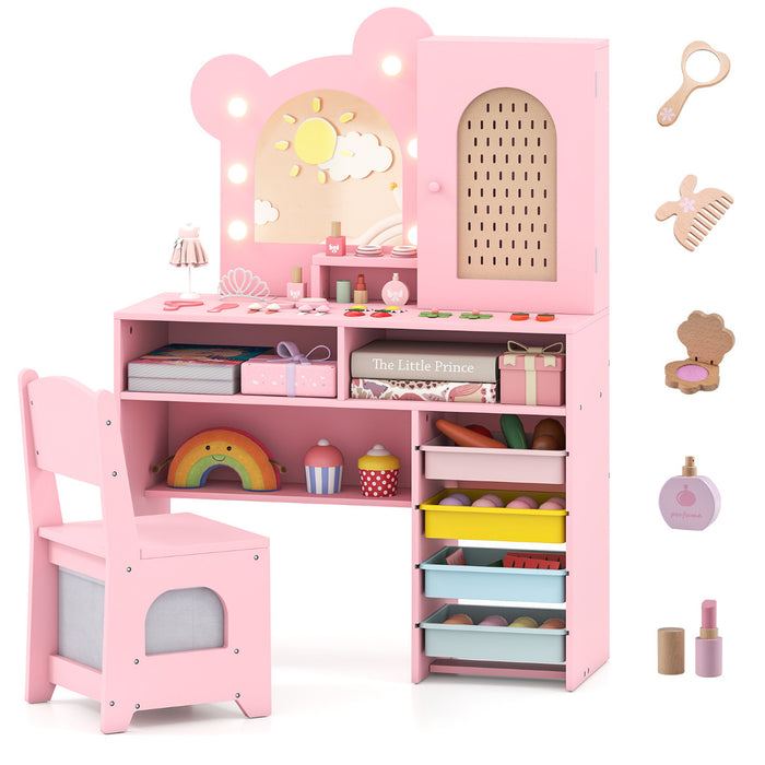 Kids Vanity with Lights Princess Vanity Table and Chair Set with 5 Drawers and 2 Compartments-White