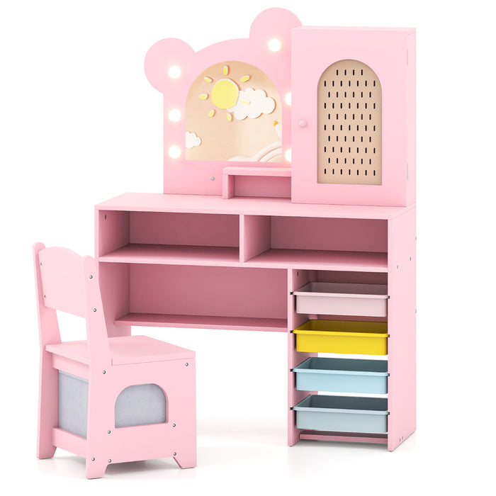 Kids Vanity with Lights Princess Vanity Table and Chair Set with 5 Drawers and 2 Compartments-White