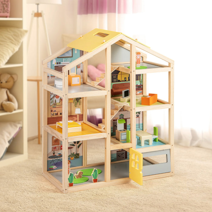 Kids Wooden Dollhouse with 7 Rooms and 18 Pcs Furniture Accessories-