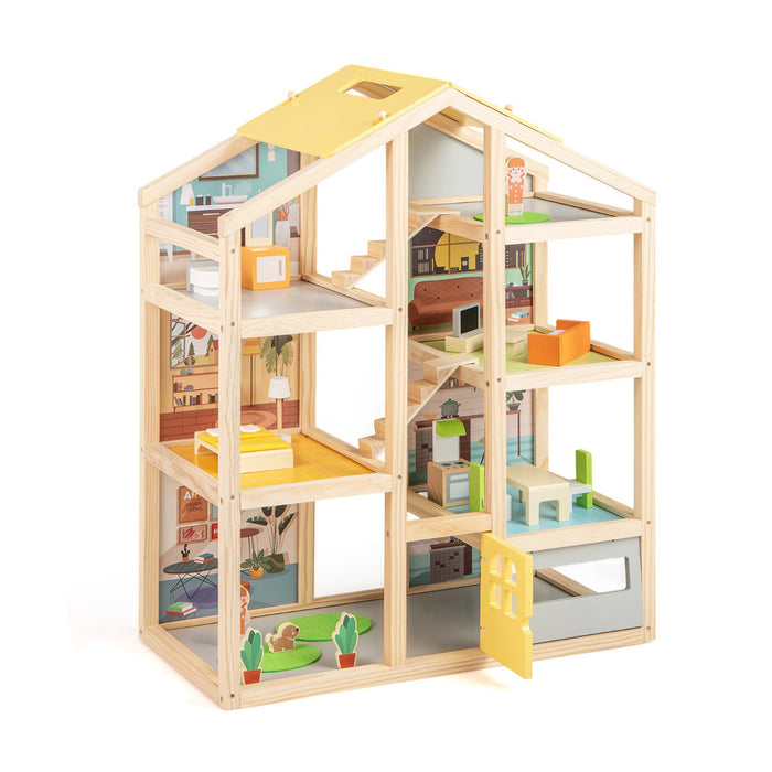 Kids Wooden Dollhouse with 7 Rooms and 18 Pcs Furniture Accessories-