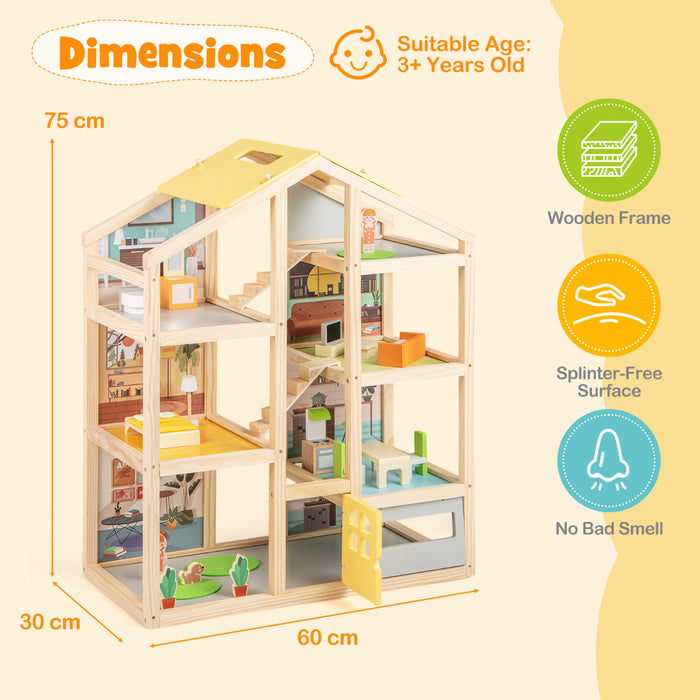 Kids Wooden Dollhouse with 7 Rooms and 18 Pcs Furniture Accessories-