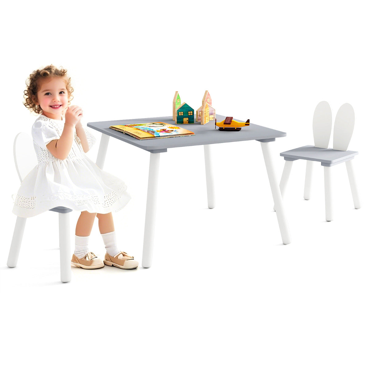 Kids Wooden Table and Rabbit Chairs Set with Space-Saving Structure-