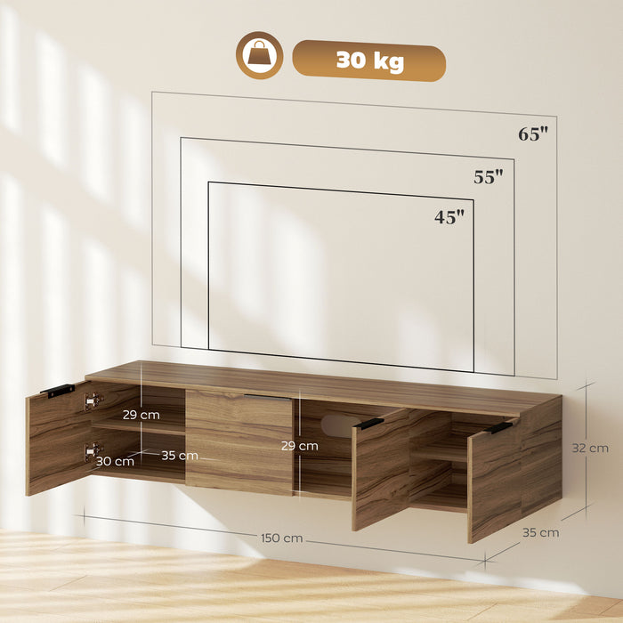 HOMCOM Floating TV Unit, 150 cm Wall Mounted TV Stand Cabinet with Shelves and Doors, Entertainment Media Console for Living Room, Bedroom, Rustic Brown