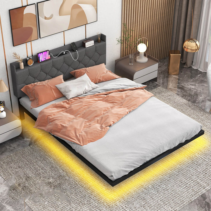 King Size Floating Bed Frame Collection - Adjustable Headboard, Charging Station, Grey Colour - Perfect for Modern Bedrooms and Tech-Savvy Individuals