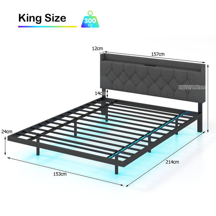 King Size Floating Bed Frame Collection - Adjustable Headboard, Charging Station, Grey Colour - Perfect for Modern Bedrooms and Tech-Savvy Individuals