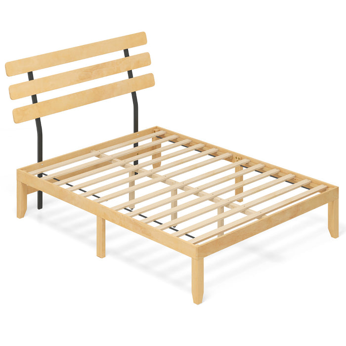Solid Wood Platform Bed with Retro Headboard Slats Support Mattress Foundation-Natural-