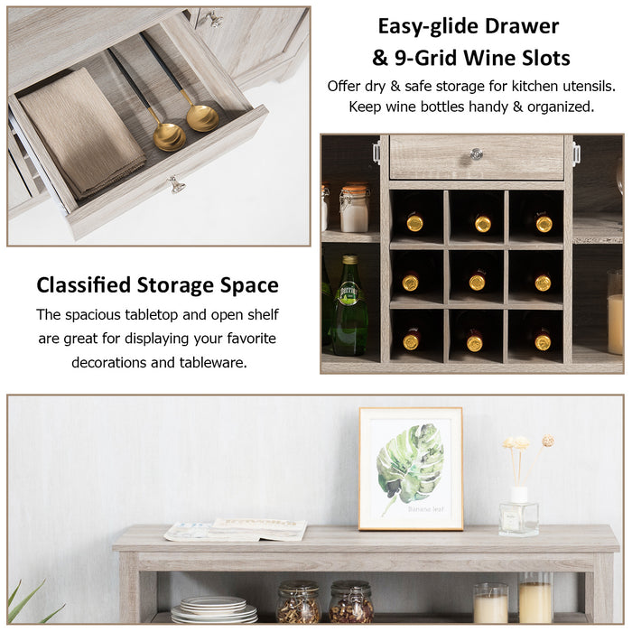 Rustic Cupboard - Storage Organizer with 2 Cabinets, 1 Drawer & 9-Bottle Wine Rack - Ideal for Organization of Kitchen Essentials and Wine Enthusiasts