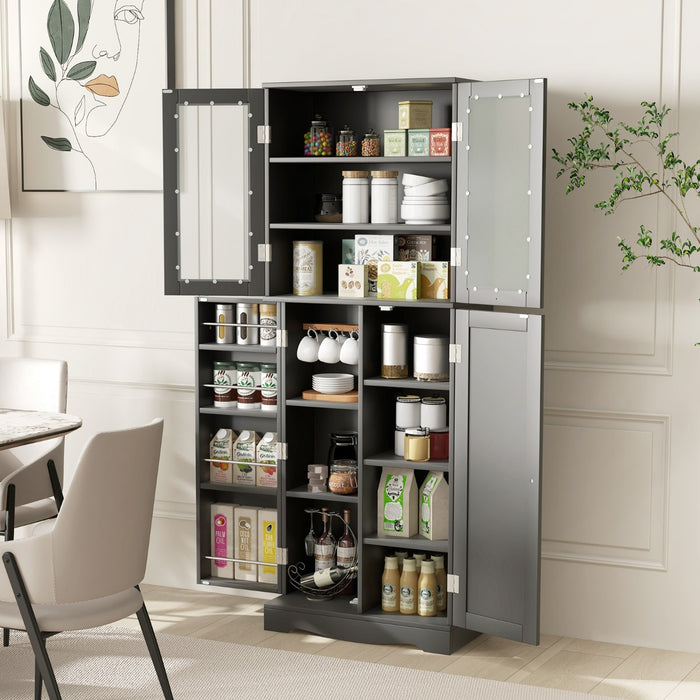 Kitchen Pantry Storage Cabinet with Glass Doors and Storage Shelves-Black