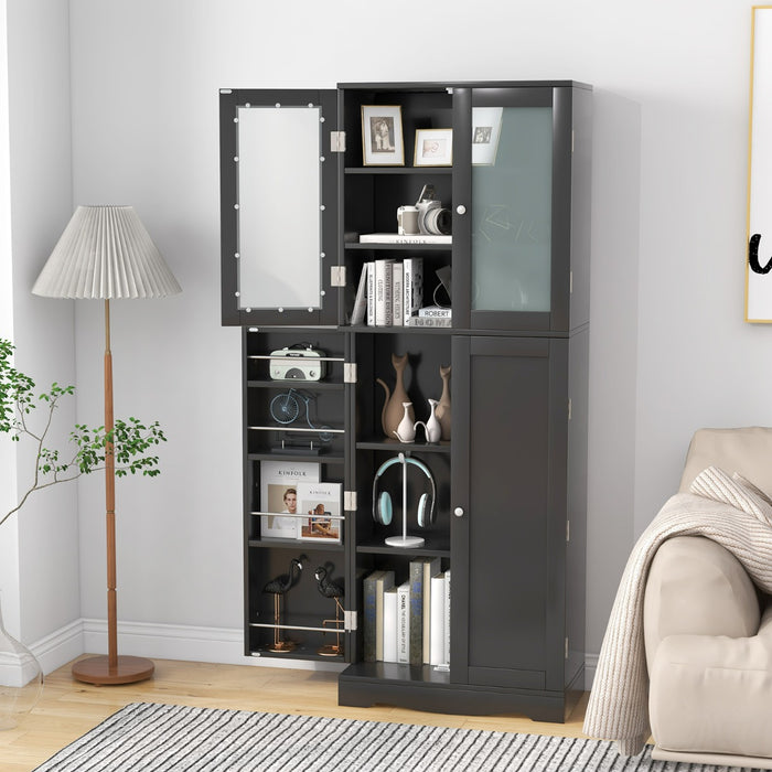 Kitchen Pantry Storage Cabinet with Glass Doors and Storage Shelves-Black