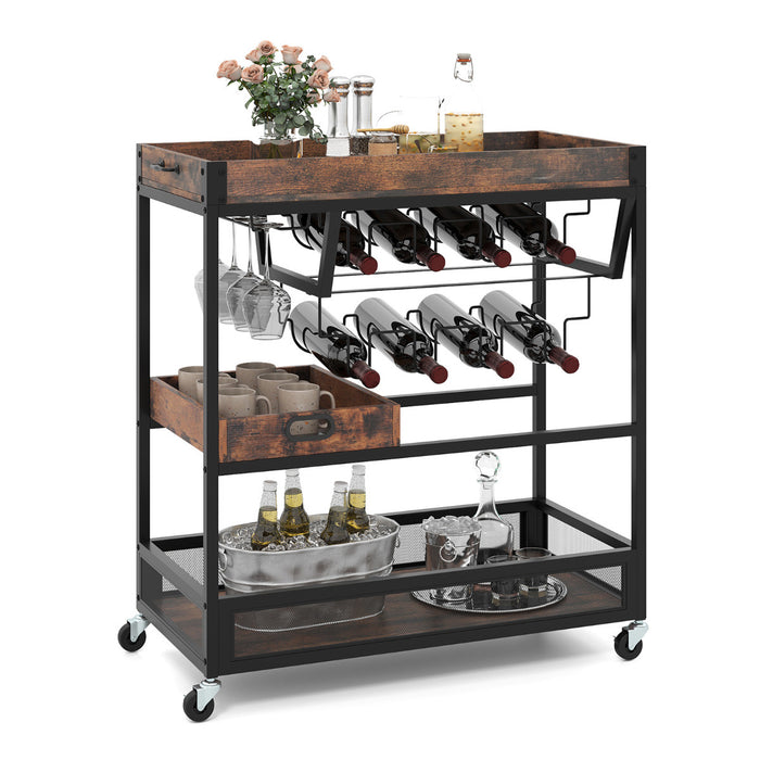 Kitchen Serving Cart with Removable Tray and Wine Rack-