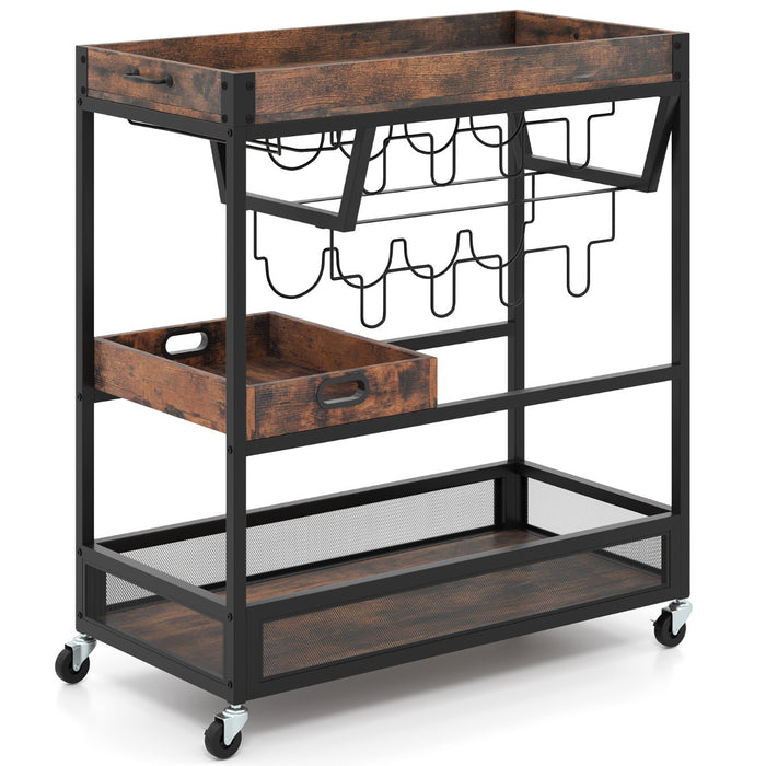 Kitchen Serving Cart with Removable Tray and Wine Rack-