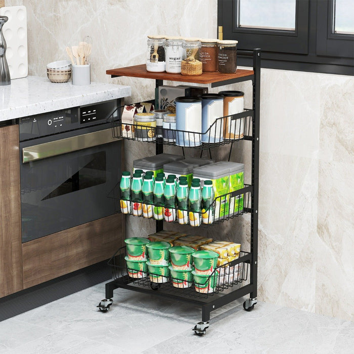 4-Tier Kitchen Storage Cart on Wheels with Height Adjustable and Removable Baskets