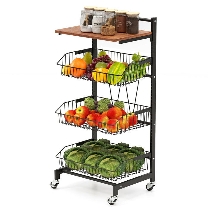 4-Tier Kitchen Storage Cart on Wheels with Height Adjustable and Removable Baskets