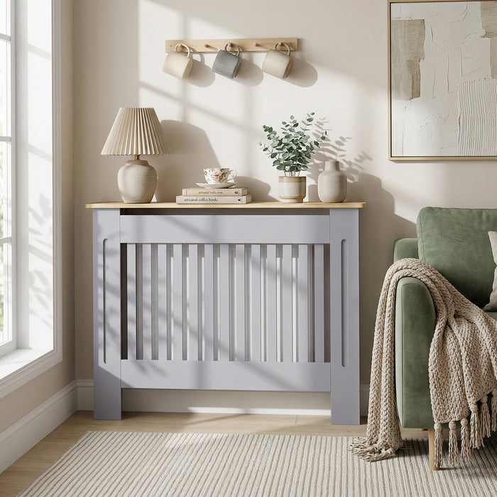 HOMCOM Slatted Radiator Cover, Painted Cabinet with Line Grill Design, 112L × 19W × 81H cm, Grey