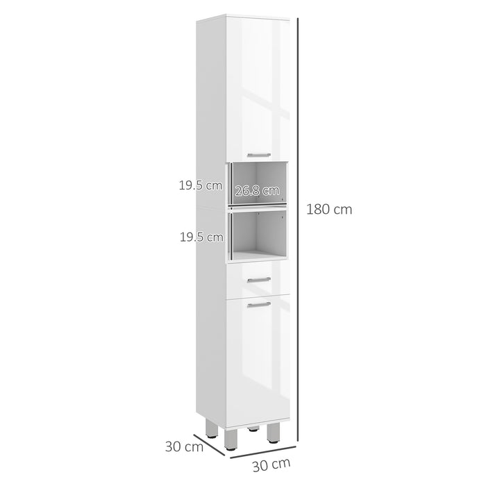 kleankin 71" Tall Slim Bathroom Storage Cabinet, Tall Narrow Cupboard with Drawer, Open Shelves, 2 Doors Cabinets and Adjustable Shelves for Kitchen, Hallway, Living Room, High Gloss White