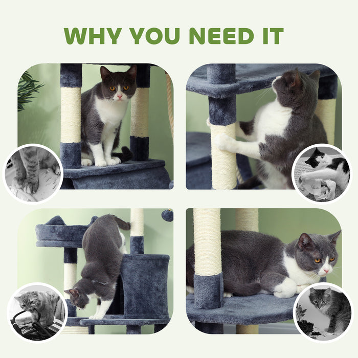 PawHut 206cm Cat Tree, Multi-Level Cat Tower with Scratching Posts and Board, Beds, Condos, Platforms, Toy Balls, Dark Grey