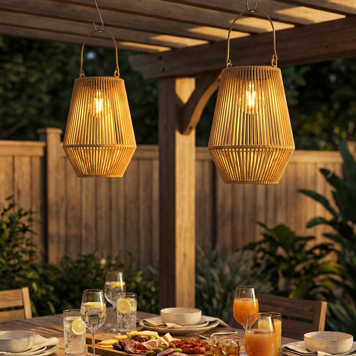 Outsunny Hanging Solar Lanterns, 2 Pack Rattan Solar Lights with Handle for Patio, Pathway, Terrace, Auto On/Off, Brown