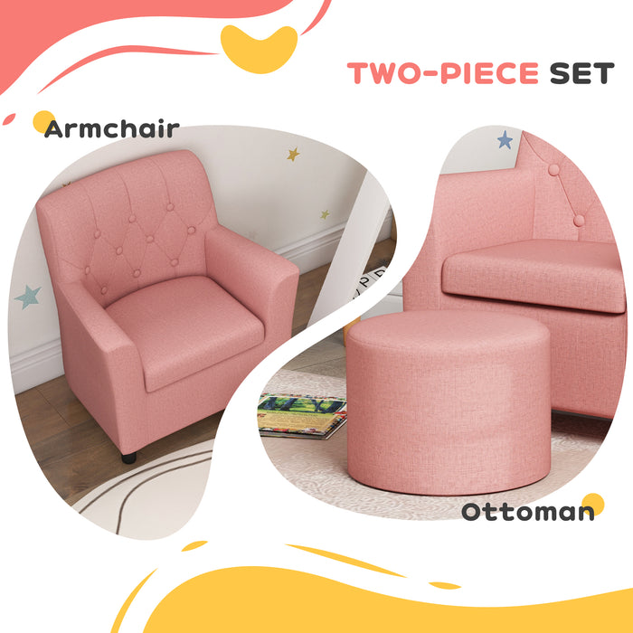 Kids Sofa Set with Footrest - 2-Piece Comfy Playroom and Bedroom Furniture in Pink - Ideal for Children's Relaxation and Seating Needs