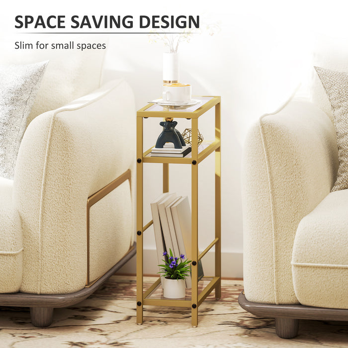 HOMCOM 3-Tier Side Table, Narrow End Table with Storage Shelf and Tempered Glass Tabletop for Small Spaces, Bedroom, Living Room, Entryway, Gold Tone