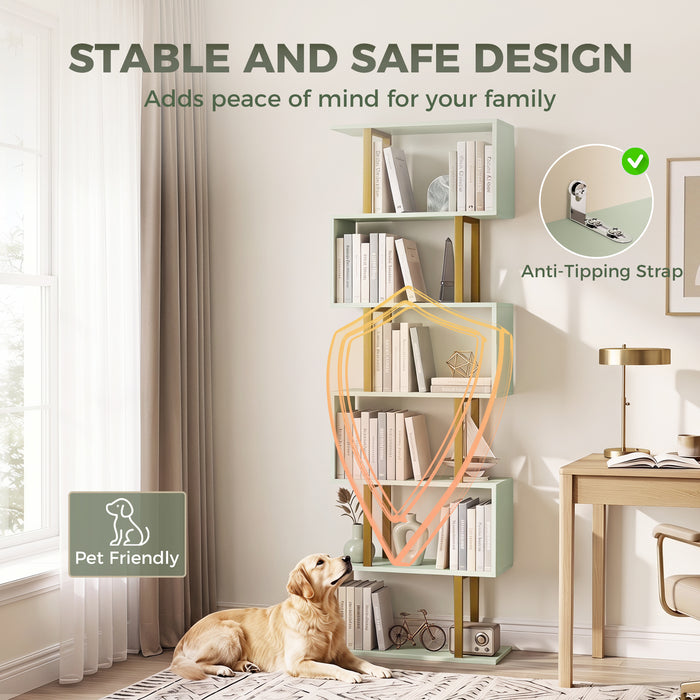 HOMCOM S-Shaped Bookshelf, 5-Tier Bookcase, Freestanding Storage Shelves with Anti-Tip Strap for Living Room, Light Green