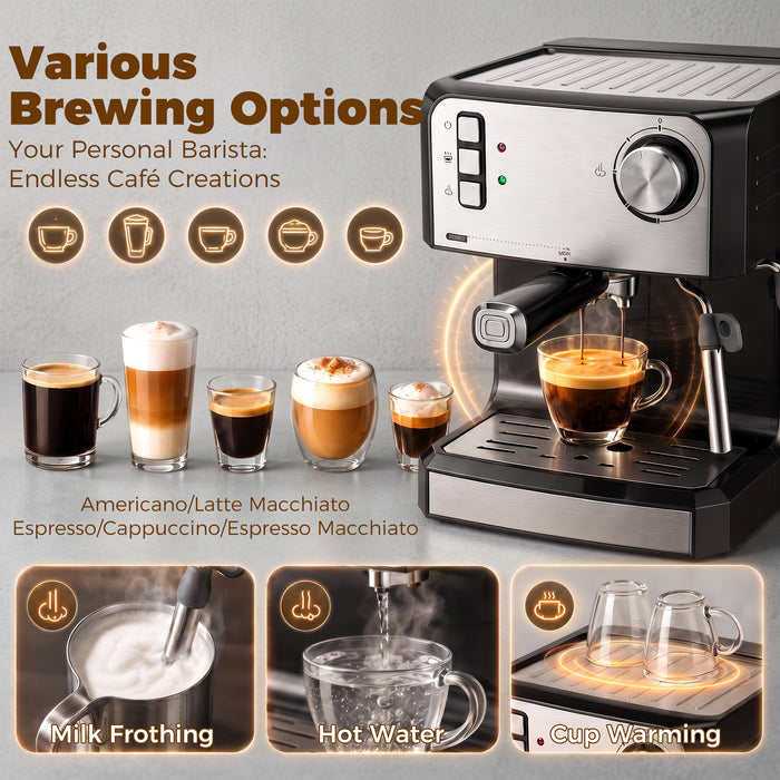 HOMCOM Espresso Machine, 20-Bar Semi Automatic Cappuccino Coffee Maker with Frother Wand, 1.6 L Water Tank, Black
