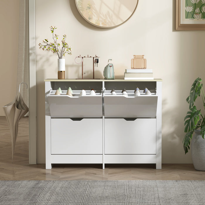 HOMCOM Slim Shoe Cabinet, Narrow Shoe Cupboard with 4 Flip Drawers, Adjustable Shelves for 16 Pairs of Shoes, White