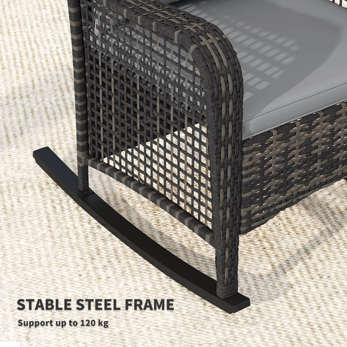 Outsunny Garden Rocking Chair, Outdoor Rattan Rocker Lounge Chair with Seat and Back Cushions, Patio Armchair Seat with All-weather Wicker, Steel Frame for Porch Balcony, Light Grey