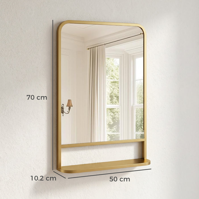 HOMCOM Modern Rectangular Wall Mirror with Storage Shelf, 70 x 50 cm, Gold Tone