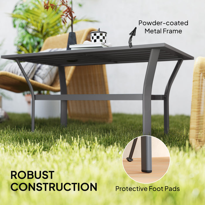 Outsunny Metal Garden Coffee Table, Rectangular Outdoor Side Table with Slatted Tabletop, Foot Pads for Outside, Garden, Balcony, Porch, 91.5 x 55 x 45cm, Dark Grey
