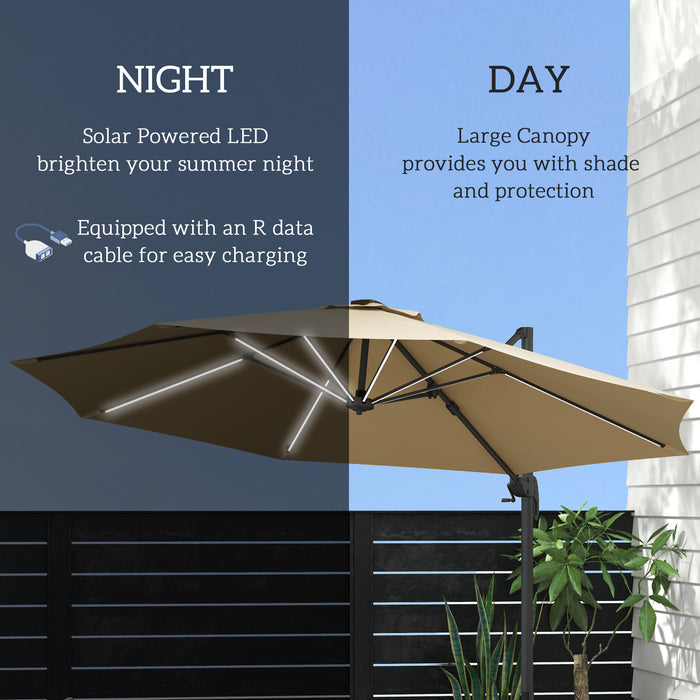 Adjustable 3m Cantilever Parasol with Base - Solar-Powered LED Lighting, Elegant Khaki Shade - Ideal for Outdoor Relaxation and Evening Ambiance