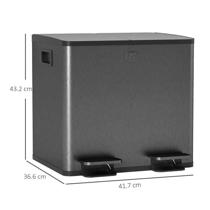 HOMCOM 30L Dual Compartment Stainless Steel Bin, with Deodoriser Holders - Black