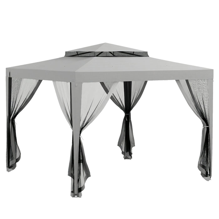 Outsunny 3 x 3 m Gazebo, Netting Party Tent, Patio Canopy Outdoor Event Shelter with Double Tier Roof, Light Grey
